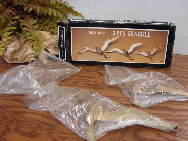 Vintage MCM Set/3 Brass Flying Seagull Wall Hanging Decor New in Box, Moose-R-Us.Com Log Cabin Decor
