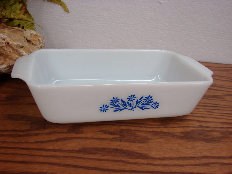 Vintage Fire King Anchor Hocking Milk Glass Blue Flowered 441 Bread Loaf Pan, Moose-R-Us.Com Log Cabin Decor