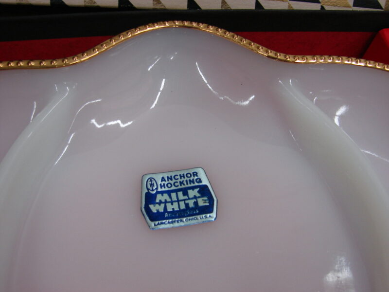 Vintage Anchor Hocking Milk Glass Gold Trim Divided Dish Original Box and Sticker, Moose-R-Us.Com Log Cabin Decor