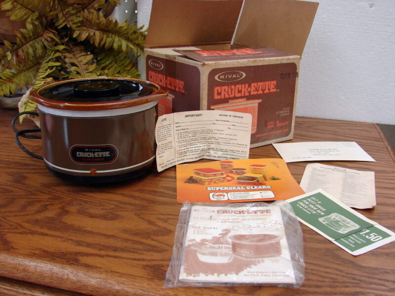 Vintage Rival Crock-ette 1 Quart Stoneware Slow Cooker Dips Cookbook in Box, Moose-R-Us.Com Log Cabin Decor