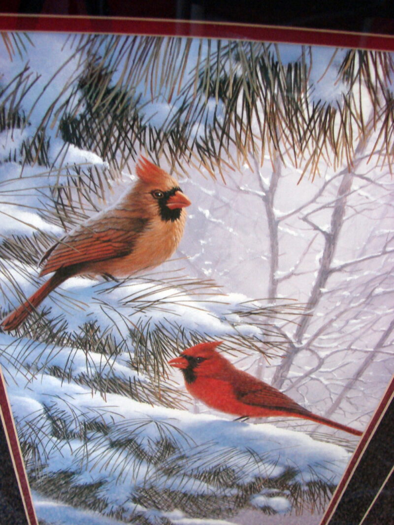 Derk Hansen Framed Winter Song Northern Cardinal Snowy Pine Bough Artwork, Moose-R-Us.Com Log Cabin Decor