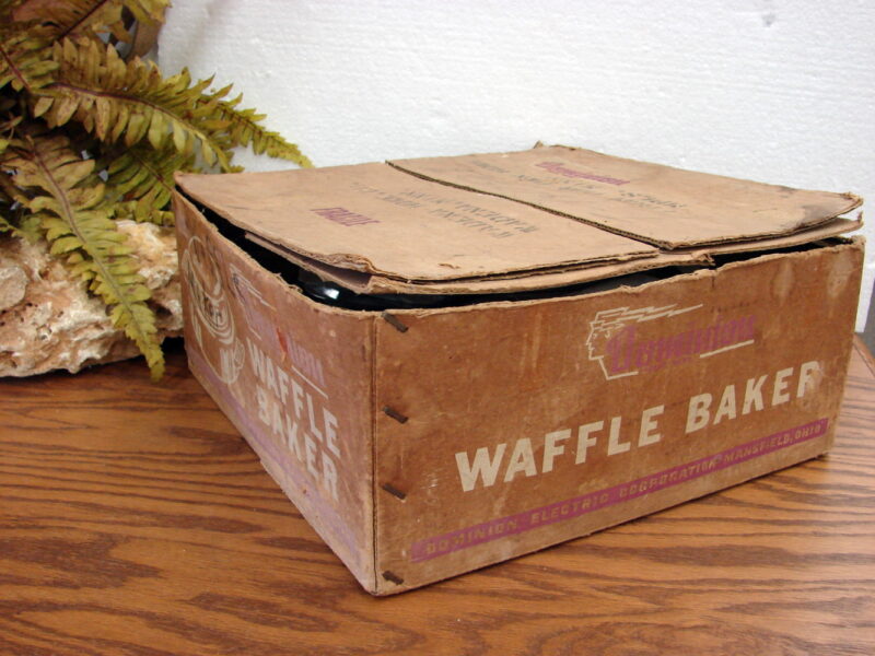 Vintage Round Chrome Dominion Waffle Maker Baker w/ Original Box Recipes, Moose-R-Us.Com Log Cabin Decor