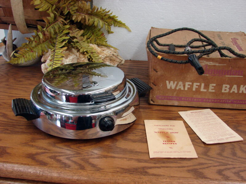 Vintage Round Chrome Dominion Waffle Maker Baker w/ Original Box Recipes, Moose-R-Us.Com Log Cabin Decor