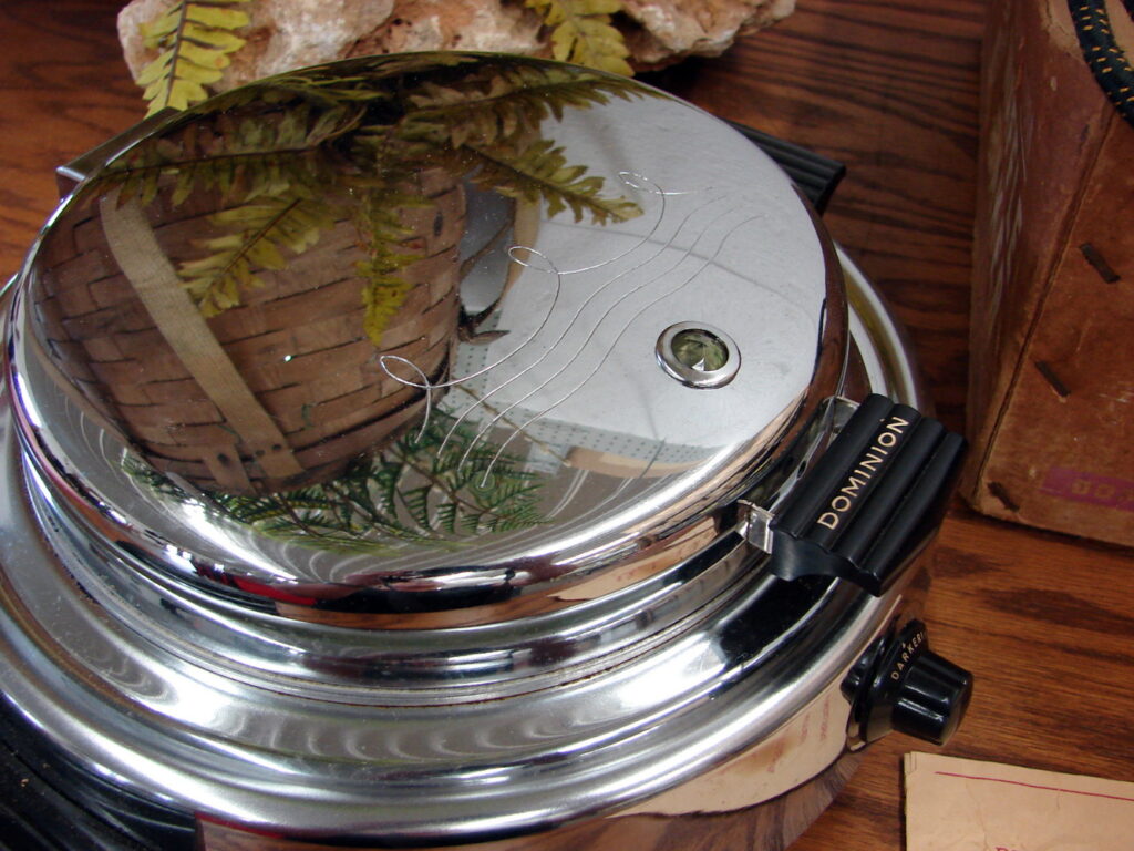 Vintage Round Chrome Dominion Waffle Maker Baker w/ Original Box