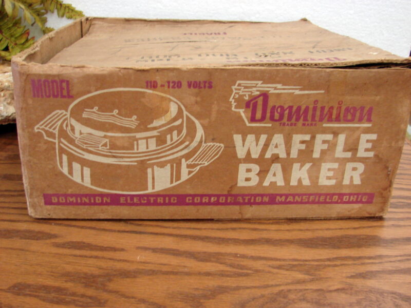Vintage Round Chrome Dominion Waffle Maker Baker w/ Original Box Recipes, Moose-R-Us.Com Log Cabin Decor