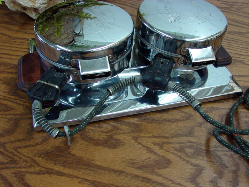 Vintage Art Deco Chrome Double Waffle Maker Baker Electric Dominion Electrical, Moose-R-Us.Com Log Cabin Decor