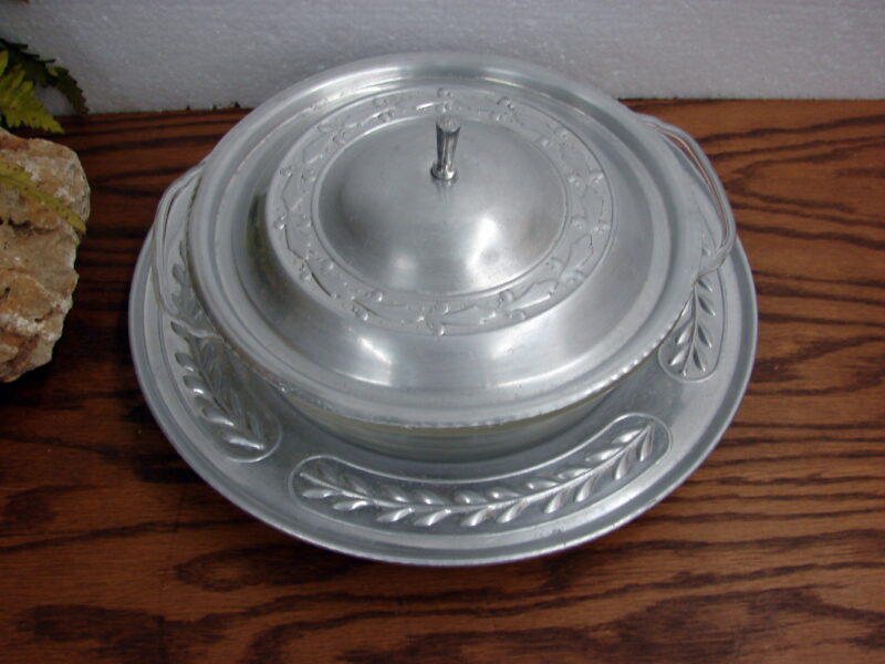 Vintage Fire King Clear Glass Casserole w/ Aluminum Carved Cover Trim, Moose-R-Us.Com Log Cabin Decor