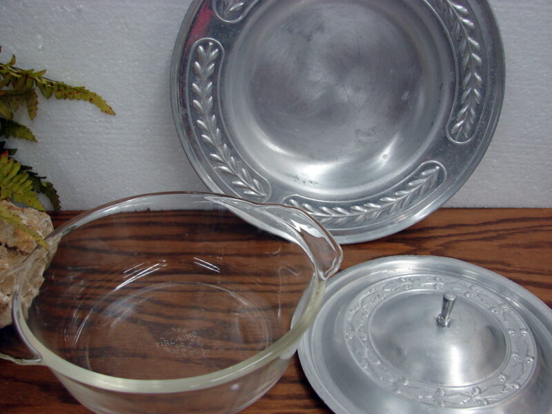 Vintage Fire King Clear Glass Casserole w/ Aluminum Carved Cover Trim, Moose-R-Us.Com Log Cabin Decor