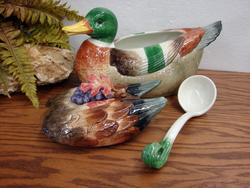 Fitz and Floyd Mallard Duck Soup Tureen Serving Bowl w/ Curled Tail Feather Ladle, Moose-R-Us.Com Log Cabin Decor