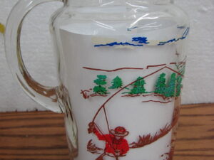 Vintage MCM Retro Fly Fishing Fishermen Stream Glass Pitcher w/ Ice Lip