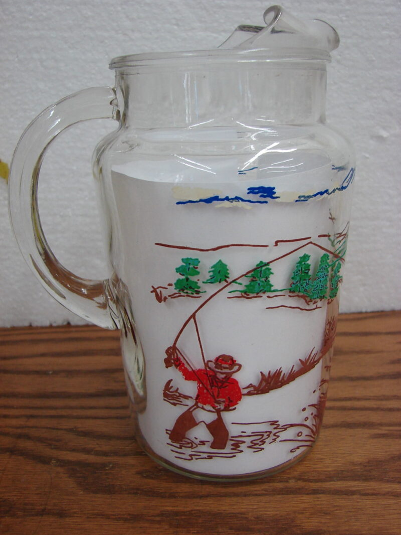 Vintage MCM Retro Fly Fishing Fishermen Stream Glass Pitcher w/ Ice Lip, Moose-R-Us.Com Log Cabin Decor