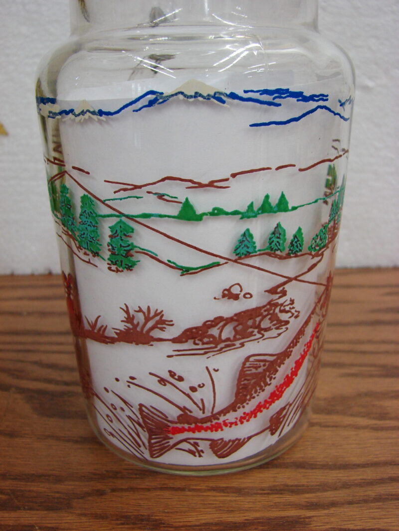 Vintage MCM Retro Fly Fishing Fishermen Stream Glass Pitcher w/ Ice Lip, Moose-R-Us.Com Log Cabin Decor