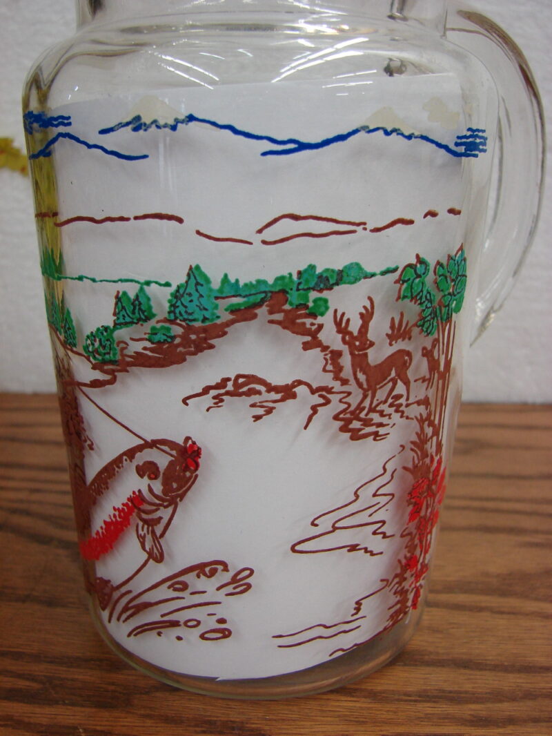 Vintage MCM Retro Fly Fishing Fishermen Stream Glass Pitcher w/ Ice Lip, Moose-R-Us.Com Log Cabin Decor