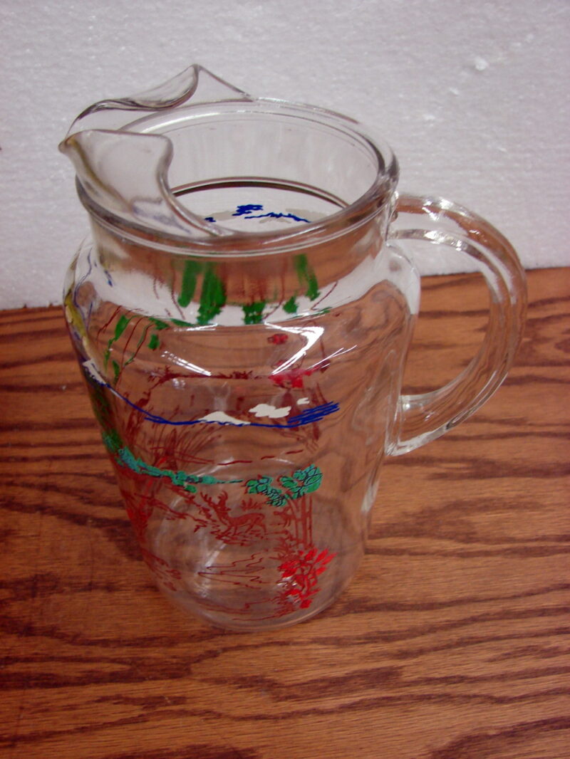 Vintage MCM Retro Fly Fishing Fishermen Stream Glass Pitcher w/ Ice Lip, Moose-R-Us.Com Log Cabin Decor