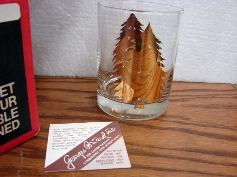 Georges Briard Set/4 14 oz Gold Tree Double Old Fashion Glasses NIB, Moose-R-Us.Com Log Cabin Decor