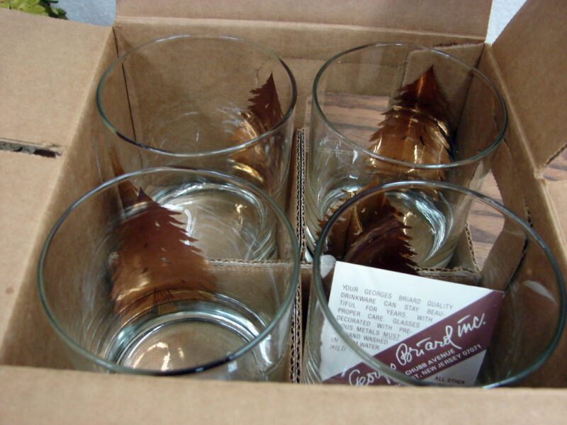 Georges Briard Set/4 14 oz Gold Tree Double Old Fashion Glasses NIB, Moose-R-Us.Com Log Cabin Decor