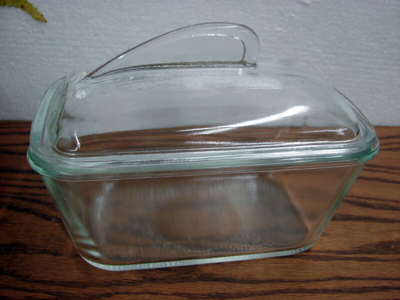 Vintage Clear Glass Glasbake Art Deco Fin Lid Bread Loaf Pan Lidded 1 1/2 Quart, Moose-R-Us.Com Log Cabin Decor