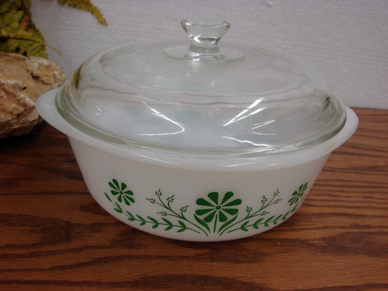 Vintage Glasbake Milk Glass Green Daisy Stenciled Flowers Casserole w/ Lid, Moose-R-Us.Com Log Cabin Decor