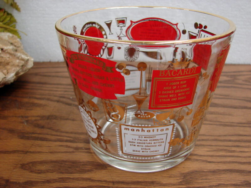 Vintage Clear Glass Retro Gold Trim Ice Bucket w/ Drink Cocktail Recipes, Moose-R-Us.Com Log Cabin Decor