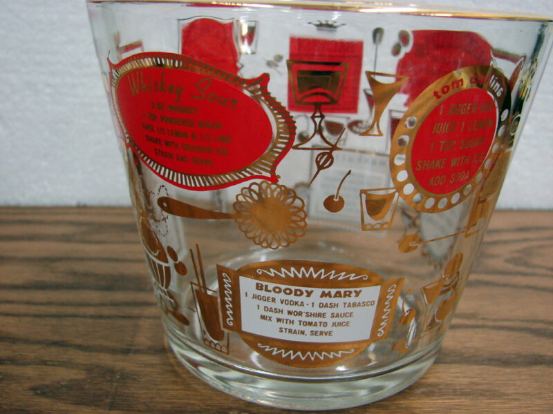 Vintage Clear Glass Retro Gold Trim Ice Bucket w/ Drink Cocktail Recipes, Moose-R-Us.Com Log Cabin Decor