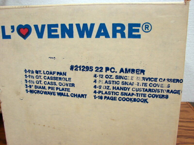 Vintage NIB Amber Vision L&#8217;Ovenware 22 Piece Cookware Casserole Storage Loaf Pie Cookbook, Moose-R-Us.Com Log Cabin Decor