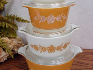Set/4 Vintage PYREX Butterfly Gold #472 473 474 475 Cinderella Round Casserole w/ Lids