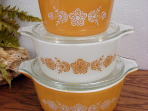 Set/3 Vintage PYREX Butterfly Gold #473 474 475 Cinderella Round Casserole w/ Lids