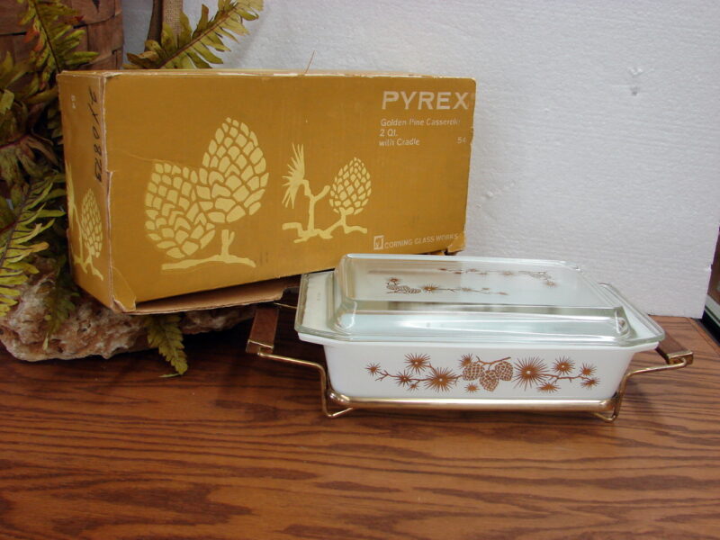 Vintage PYREX Golden Pinecone Casserole 2 Quart w/ Cradle Original Box, Moose-R-Us.Com Log Cabin Decor