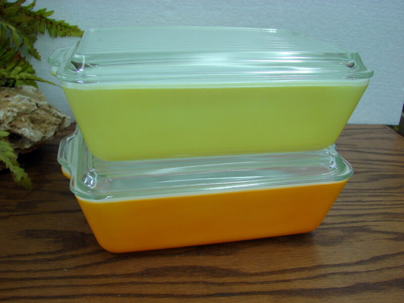 Vintage PYREX 603 Lemon Yellow Bright Orange Refrigerator Casserole w/ Lid, Moose-R-Us.Com Log Cabin Decor
