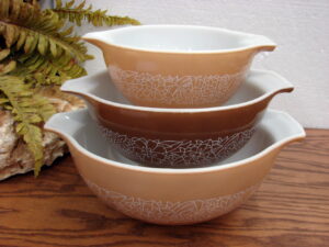 Set/3 Vintage PYREX Woodland Tan Brown Cinderella Nesting Mixing Bowl Set #441 #442 #443