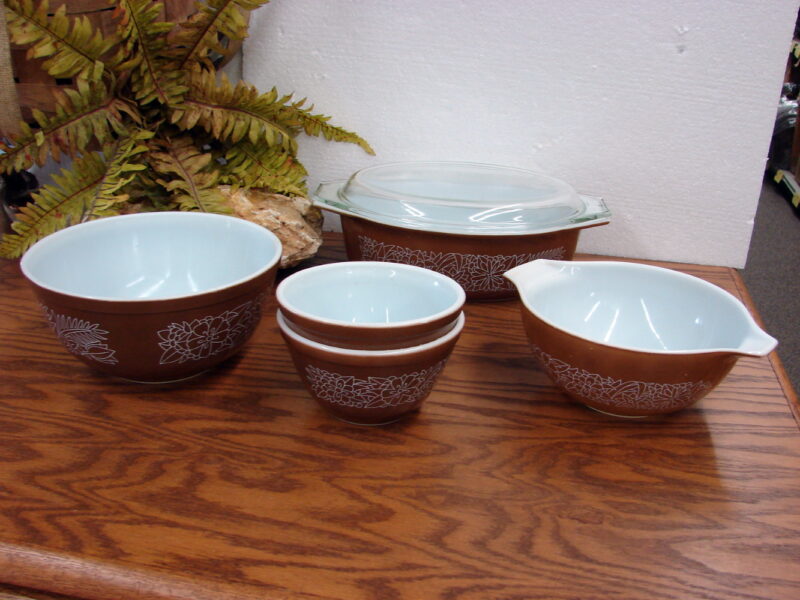 Vintage PYREX Woodland Pattern Brown Tone Kitchen Bowl Casserole, Moose-R-Us.Com Log Cabin Decor
