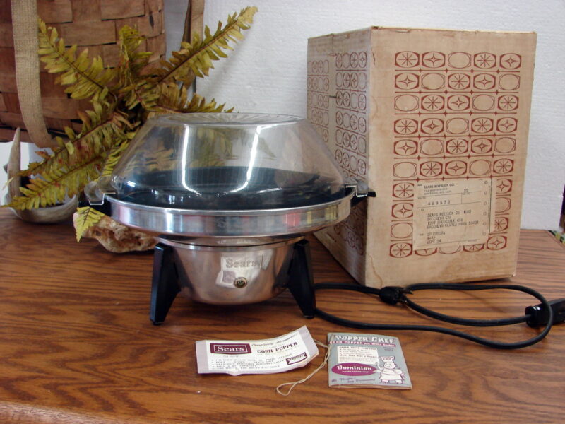 Vintage Sears MCM Flying Saucer Aluminum Popcorn Popper w/ Box, Moose-R-Us.Com Log Cabin Decor