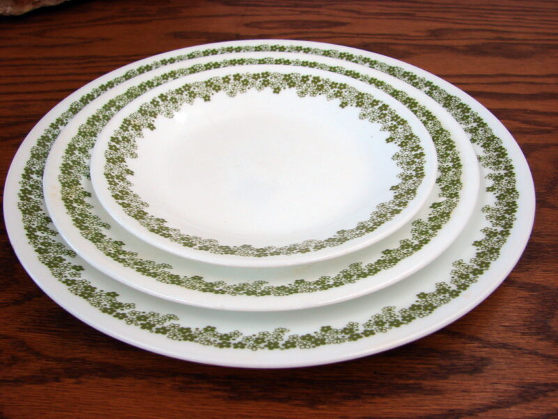 Vintage Corelle Spring Green Crazy Daisy Dinnerware and Accessories NIB 20 pc Set, Moose-R-Us.Com Log Cabin Decor