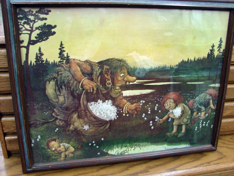 Rolf Lidberg Emma Hill Troll Poster Print Framed Gathering Cotton To Keep Warm, Moose-R-Us.Com Log Cabin Decor