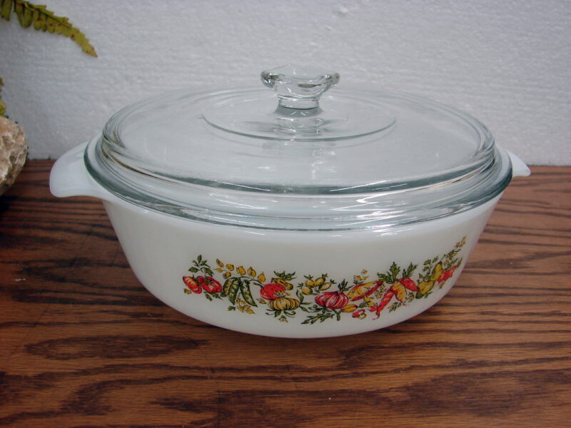 Vintage Anchor Hocking USA Vegetable Harvest Milk Glass Kitchenware Cookware, Moose-R-Us.Com Log Cabin Decor