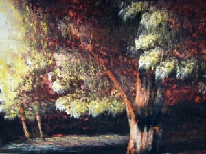 1970's Black Velvet Original Painting Sunset Forest Wood Carved Mexico Frame