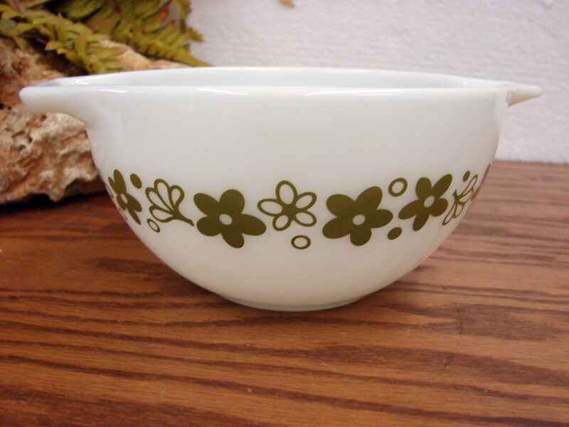 Vintage PYREX Autumn Floral Verde Kitchen Accessories Nest Bowl Casserole, Moose-R-Us.Com Log Cabin Decor