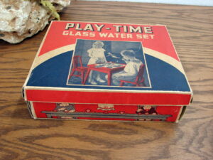 Vintage 7 Piece Akro Agate Play-Time Glass Water Set Childs Dish Set in Original Box