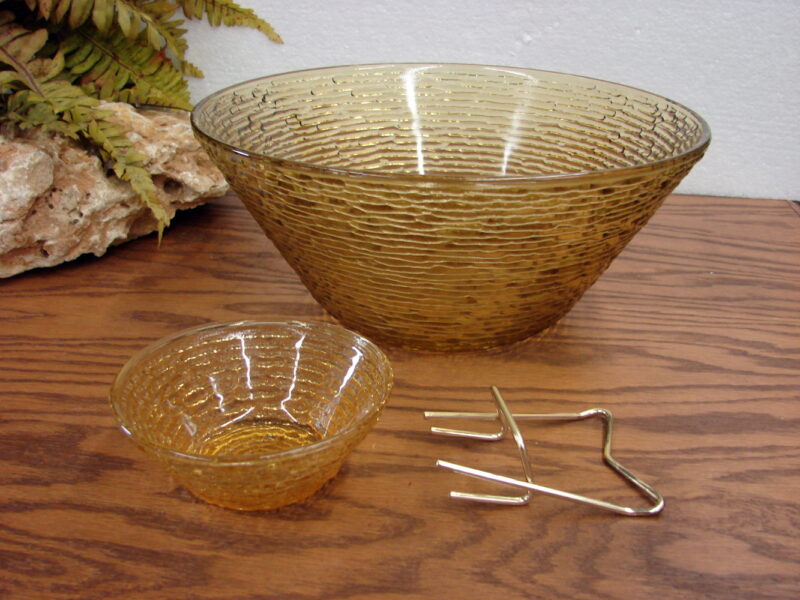 Vintage Anchor Hocking Soreno Gold Amber Chip &#8216;n Dip w/ Bracket, Moose-R-Us.Com Log Cabin Decor