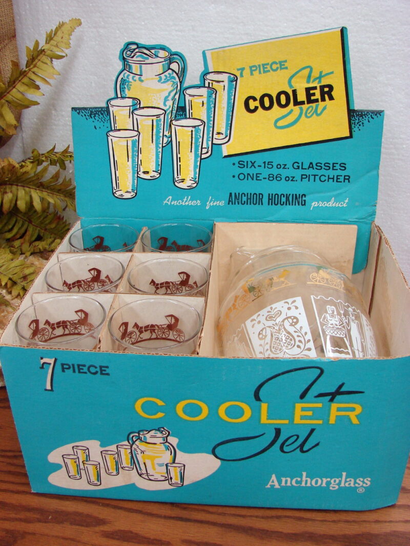 Vintage Anchor Hocking Butterprint NIB Cooler Set Pennsylvania Dutch Glasses Pitcher, Moose-R-Us.Com Log Cabin Decor