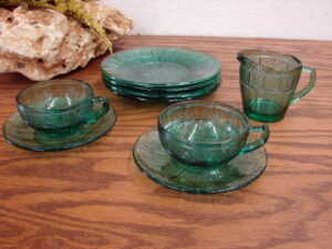 Vintage Jeanette Glass 9 Piece Doric and Pansy Teal Pretty Polly Party Dish Set Childs Dishes