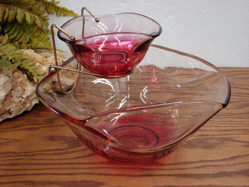Vintage Indiana Glass Retro Cranberry Clear Chip &#8216;n Dip w/ Bracket, Moose-R-Us.Com Log Cabin Decor