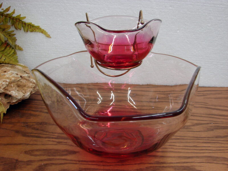 Vintage Indiana Glass Retro Cranberry Clear Chip &#8216;n Dip w/ Bracket, Moose-R-Us.Com Log Cabin Decor