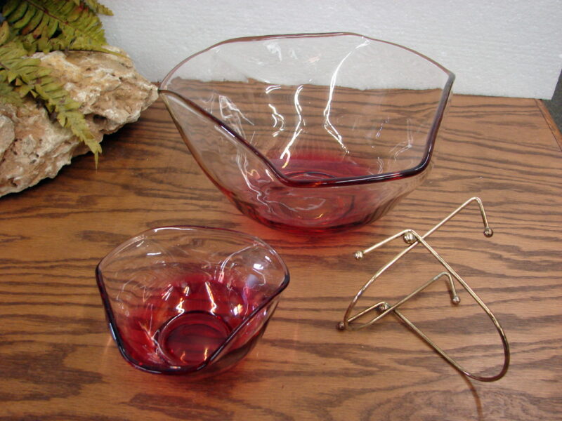 Vintage Indiana Glass Retro Cranberry Clear Chip &#8216;n Dip w/ Bracket, Moose-R-Us.Com Log Cabin Decor