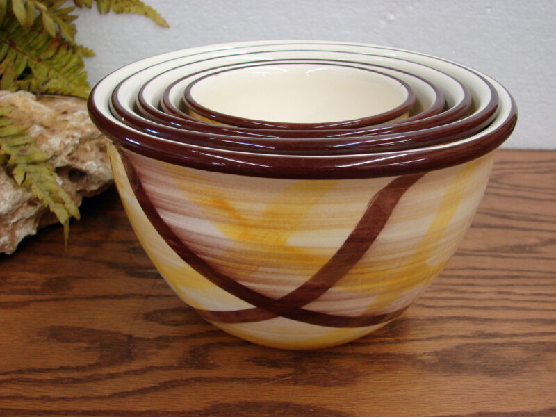 Vintage Complete Set of 5 Vernon Kilns Vernonware Pottery Organdie Mixing Bowls Nest, Moose-R-Us.Com Log Cabin Decor