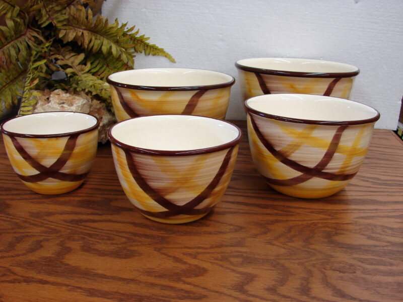 Vintage Complete Set of 5 Vernon Kilns Vernonware Pottery Organdie Mixing Bowls Nest, Moose-R-Us.Com Log Cabin Decor