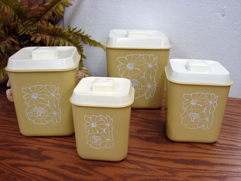 MCM Plastic Retro Butterscotch Pale Yellow Harvest Gold White Flower Canister Set/4, Moose-R-Us.Com Log Cabin Decor