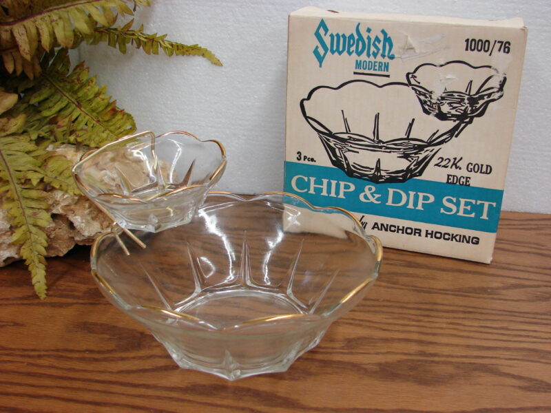 Vintage Anchor Hocking Swedish Modern 22k Gold Edge Clear Chip Dip Set NIB, Moose-R-Us.Com Log Cabin Decor