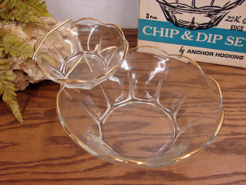 Vintage Anchor Hocking Swedish Modern 22k Gold Edge Clear Chip Dip Set NIB, Moose-R-Us.Com Log Cabin Decor