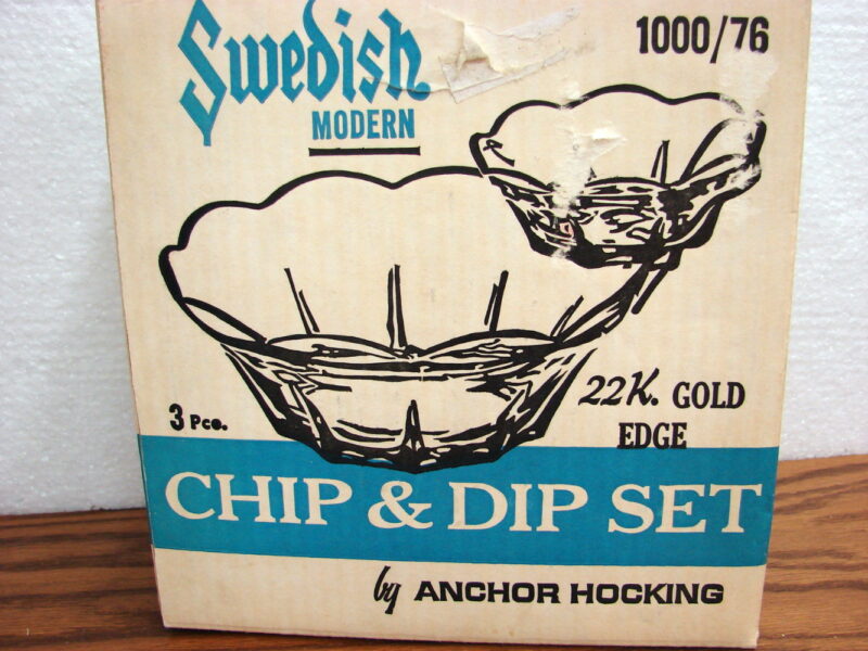 Vintage Anchor Hocking Swedish Modern 22k Gold Edge Clear Chip Dip Set NIB, Moose-R-Us.Com Log Cabin Decor